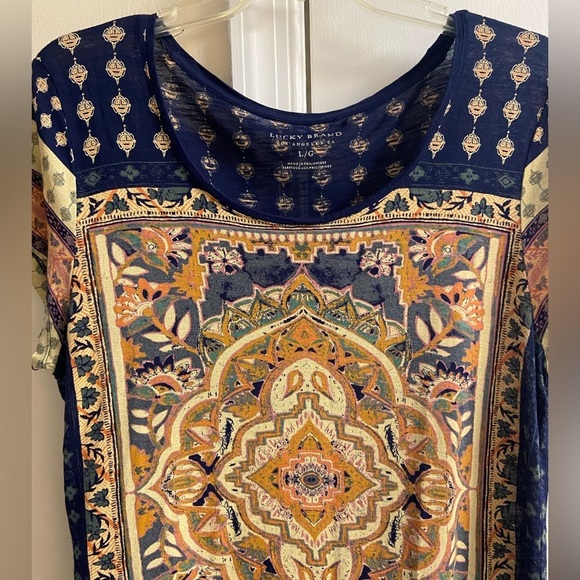 Lucky Brand blouse Persian art inspired pop over crewneck lightweight navy Large - Picture 3 of 8